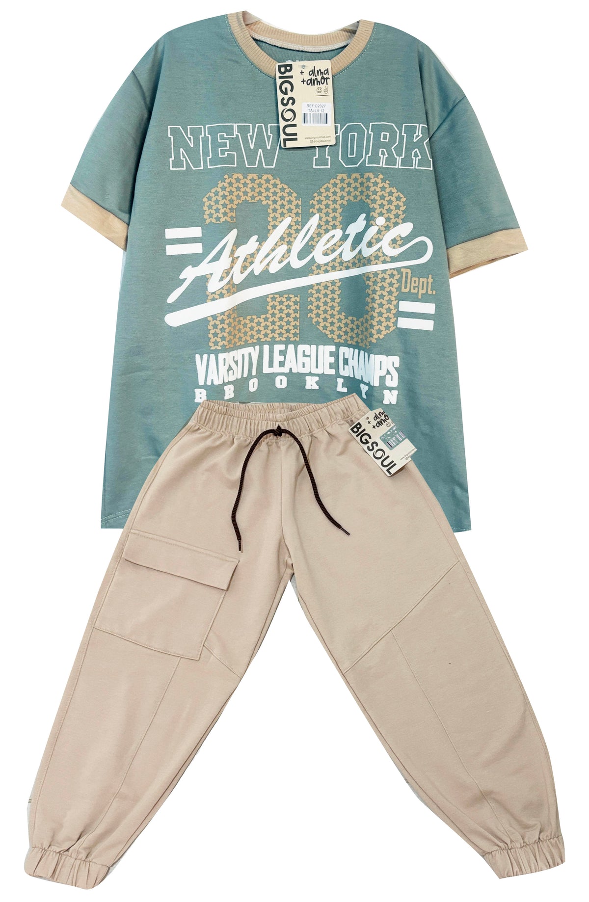CJ2327  CONJUNTO CAMISETA VD OLIVA  OVER SIZE / JOGGER KAKY