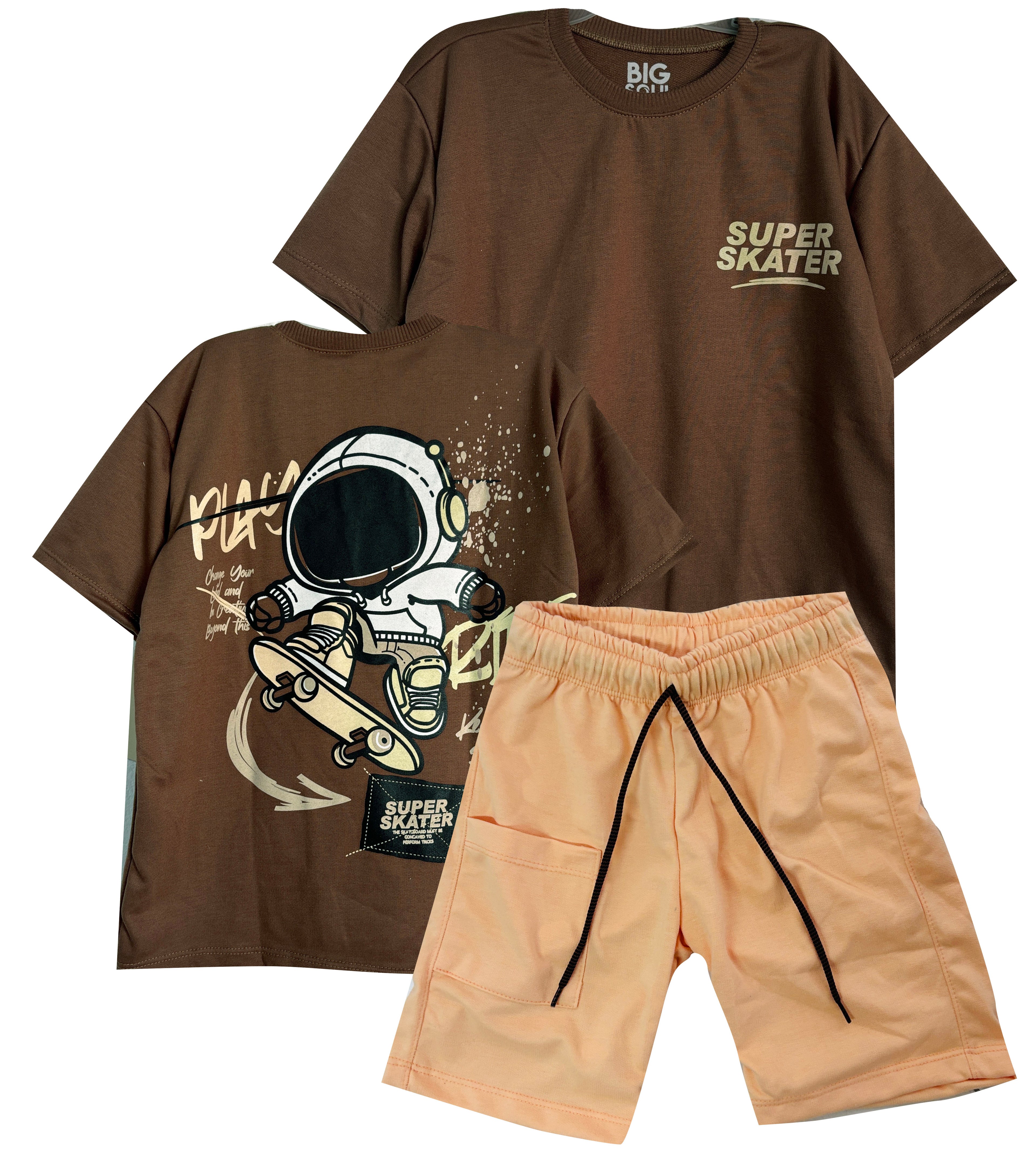 C2336 CONJUNTO CAMISETA  OVER SIZE CAFE / BERMUDA MANDARINA