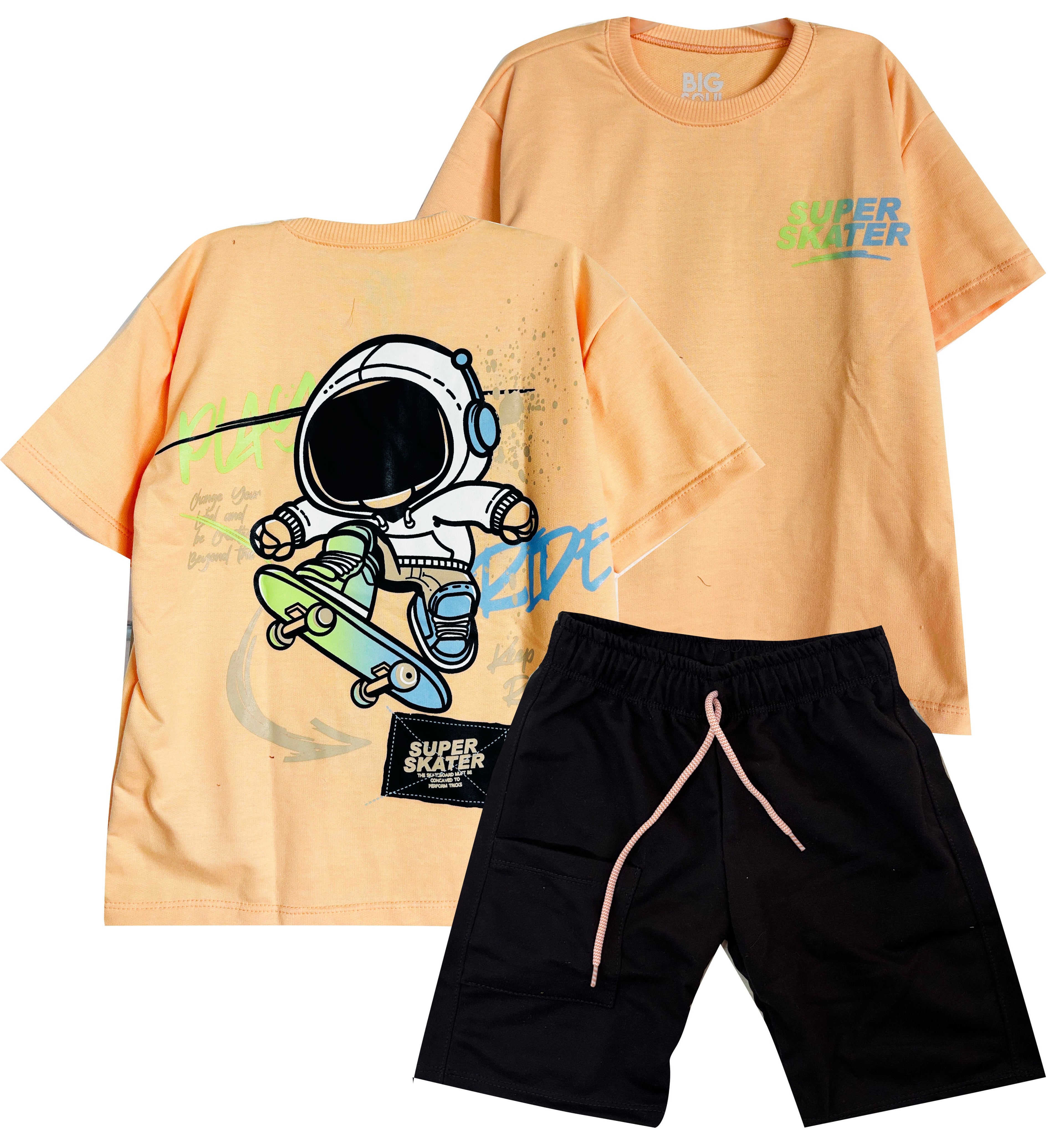 C2336 CONJUNTO CAMISETA  OVER SIZE MANDARINA/ BERMUDA NEGRO