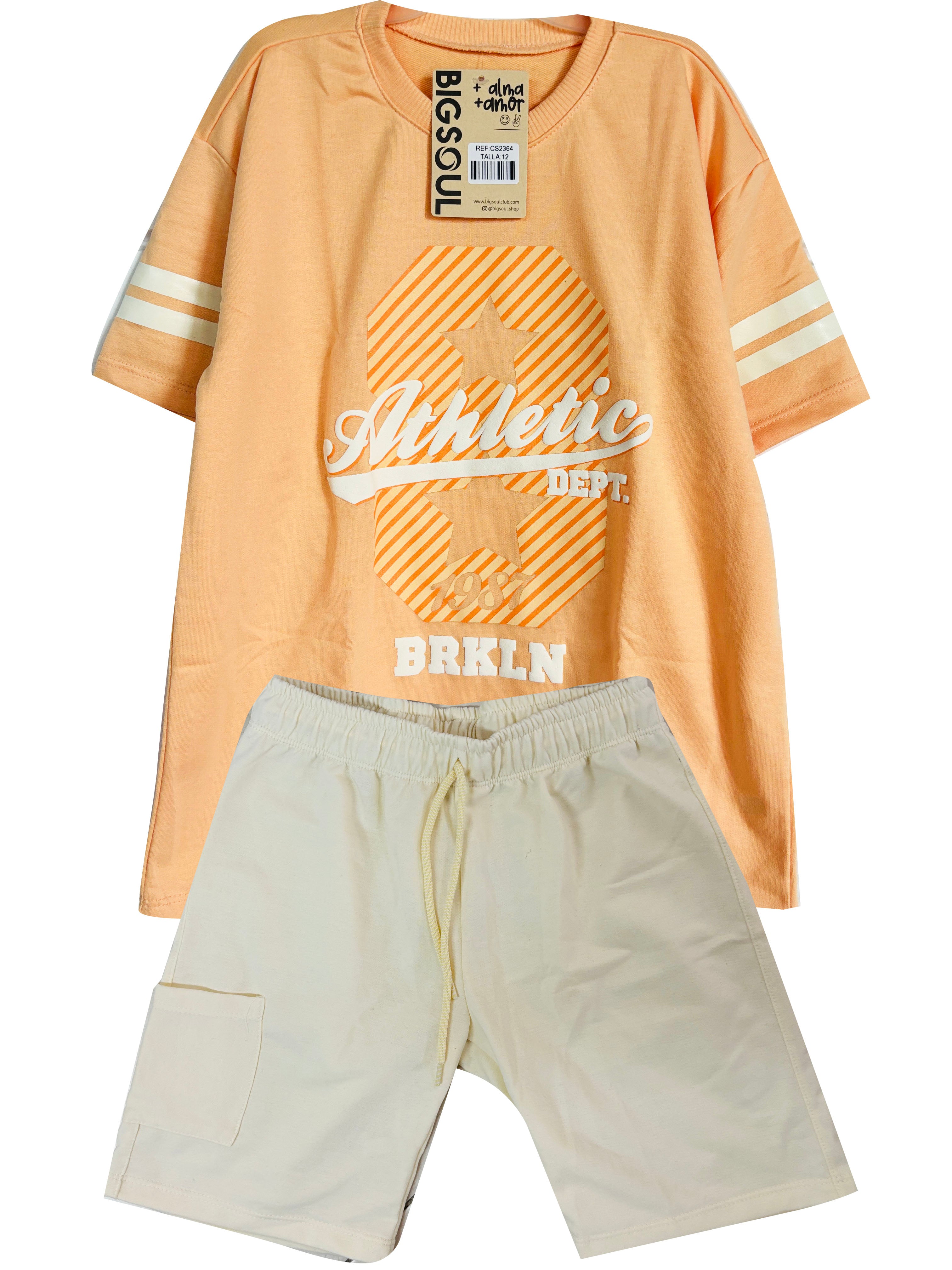 C2337 CONJUNTO   CAMISETA  OVER SIZE MANDARINA/ BERMUDA MARFIL