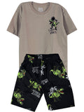 C2361 CONJUNTO CAMISETA  OVER SIZE KAKY/ BERMUDA ESTAMPADA T REX