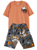 C2362 CONJUNTO CAMISETA  OVER SIZE NARANJA PASTEL/ BERMUDA ESTAMPADA URBANO