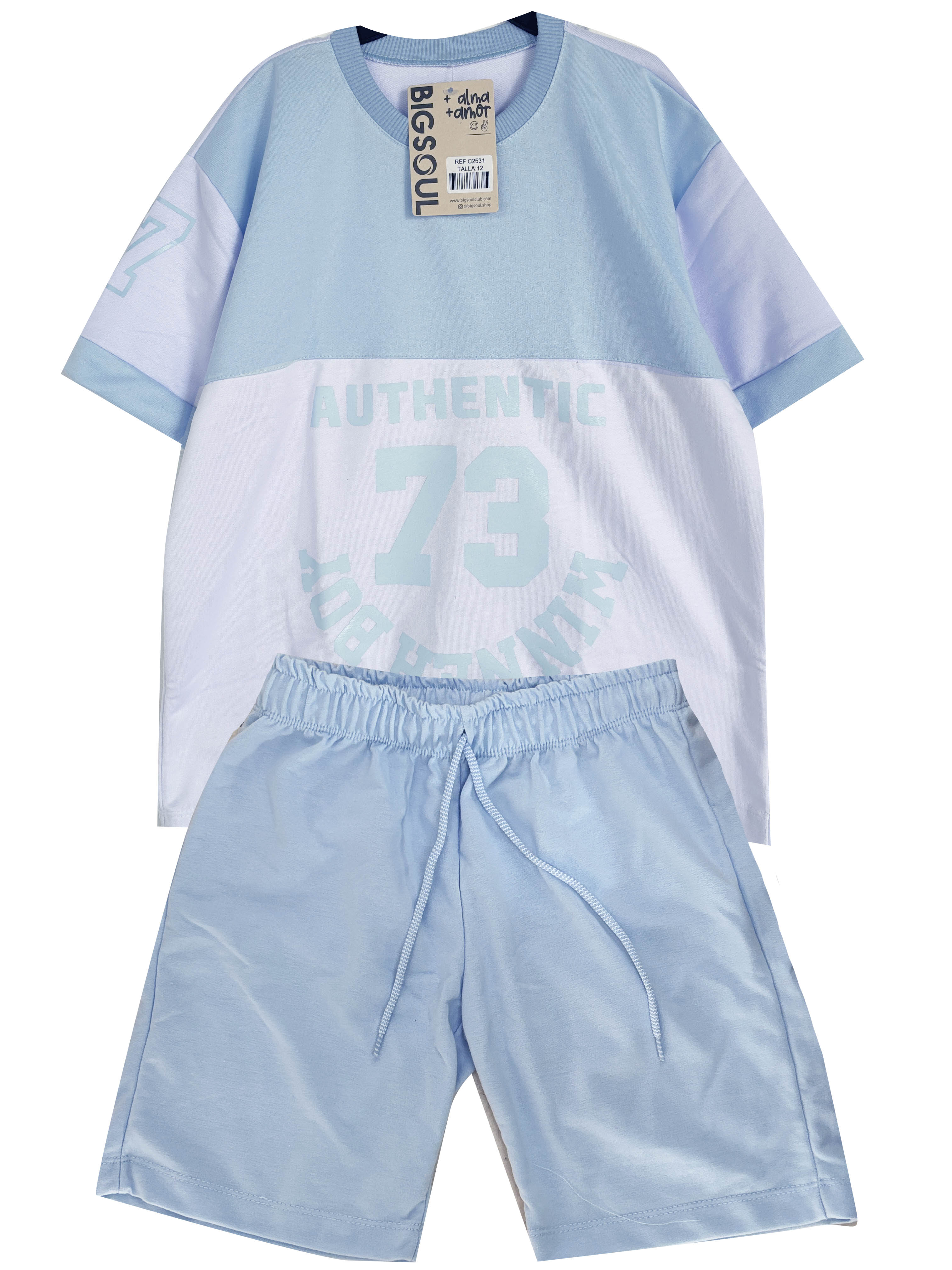 C2531 CONJUNTO CAMISETA  OVER SIZE BLANCO  / BERMUDA AZUL CIELO