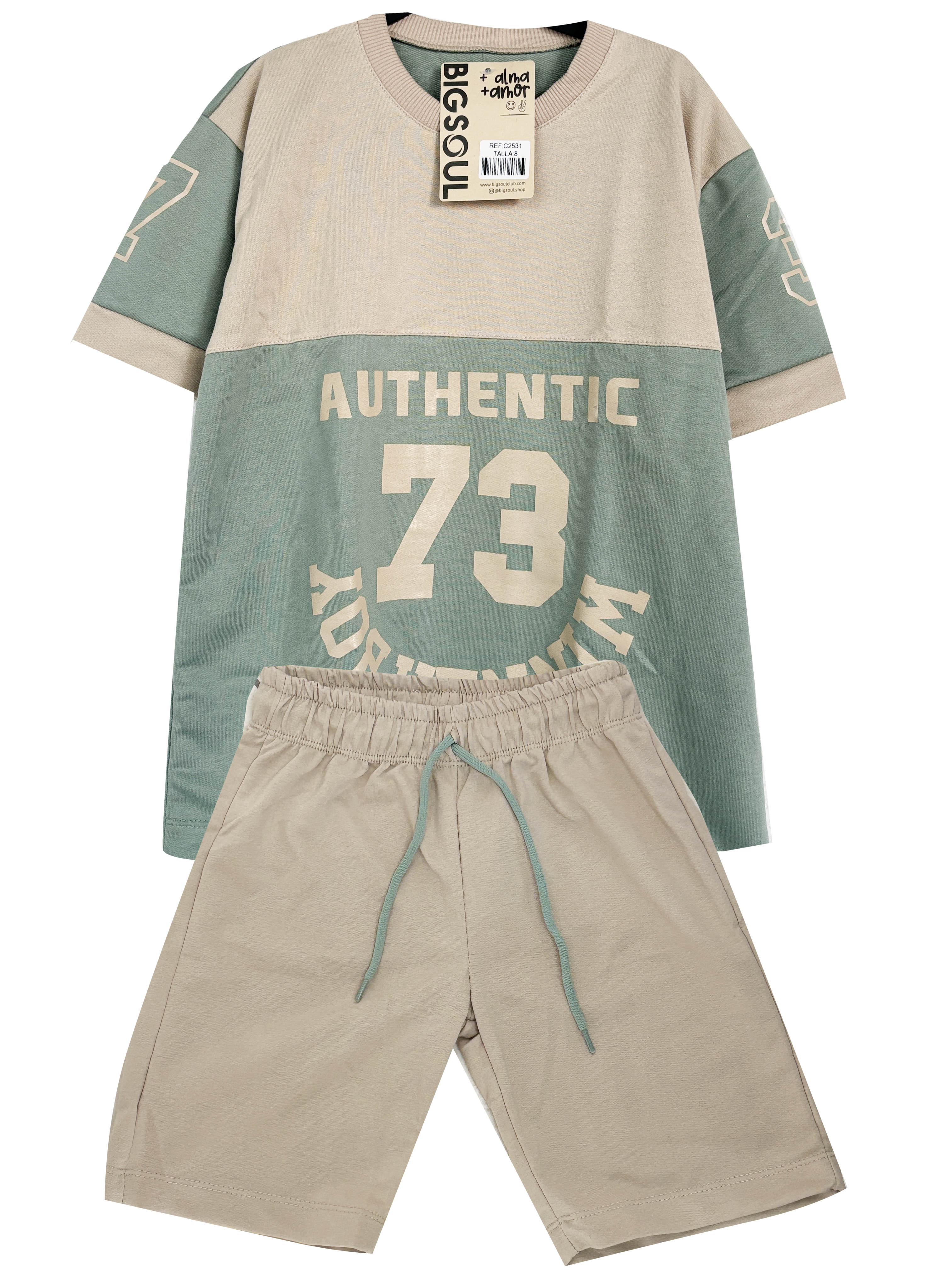 C2531 CONJUNTO CAMISETA  OVER SIZE VERDE S  / BERMUDA KAKY
