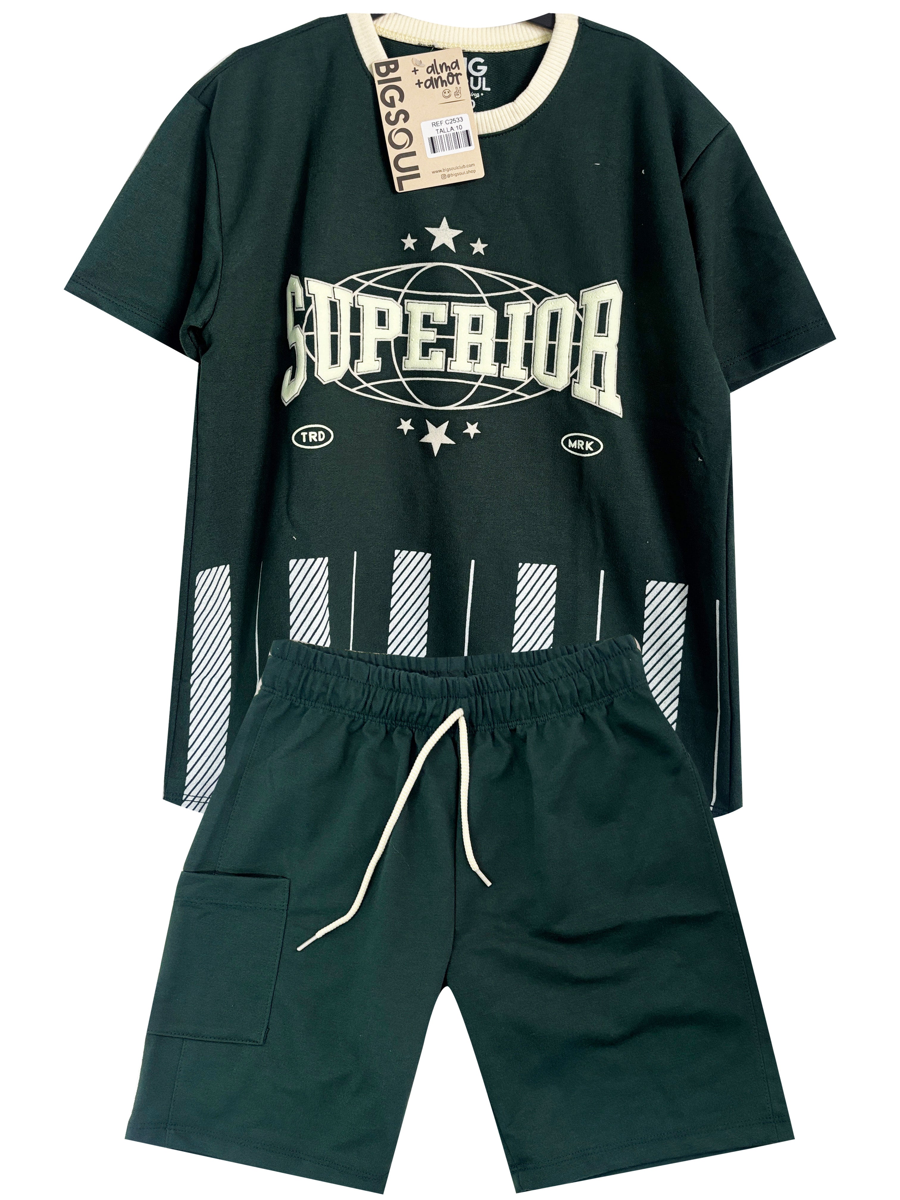 C2533 CONJUNTO UNICOLOR CAMISETA  OVER SIZE  / BERMUDA VERDE BOTELLA