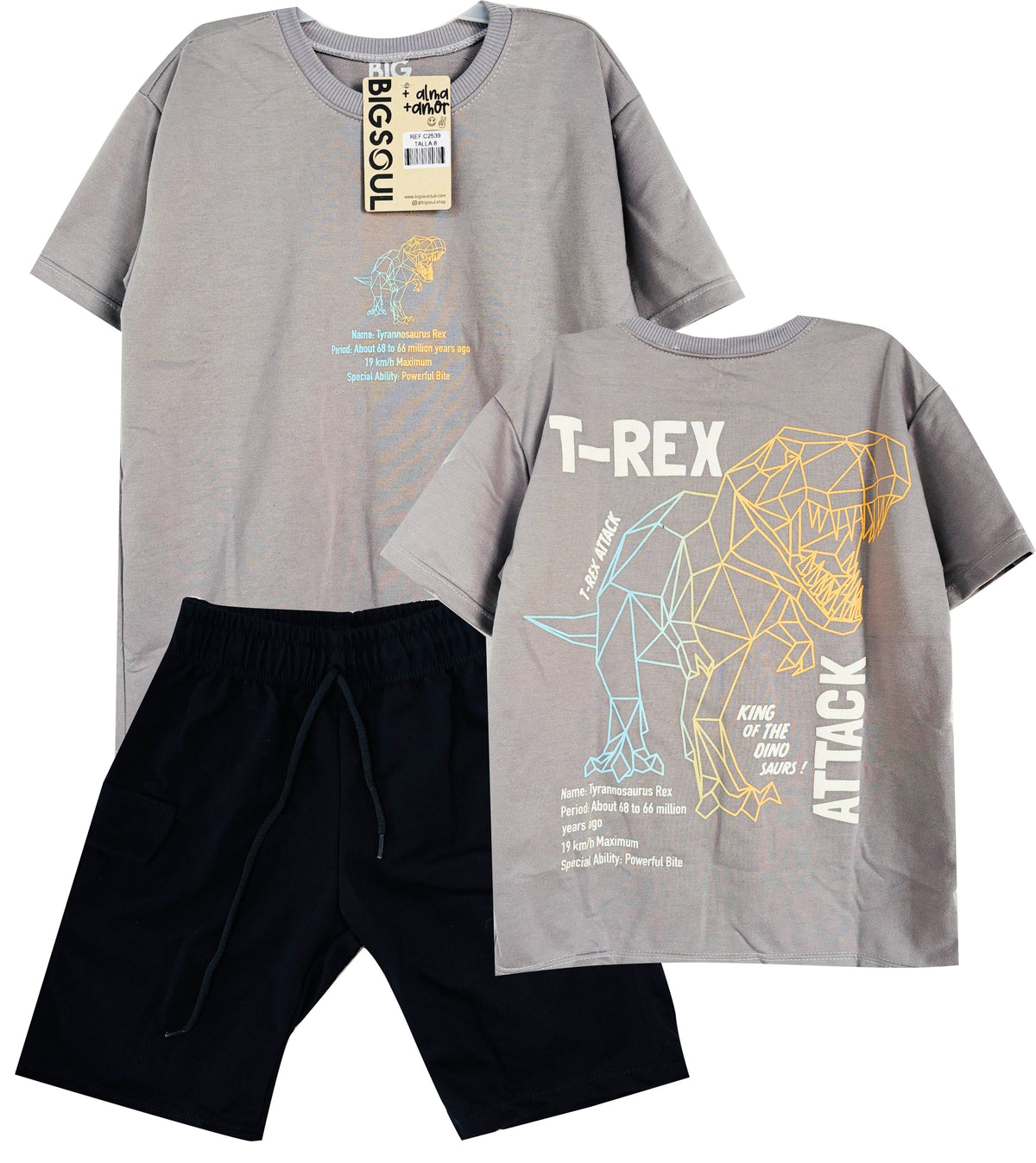 C2539 CONJUNTO  CAMISETA  OVER SIZE GRIS/ BERMUDA NEGRO