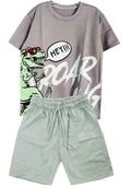 C2540 DINO ROAR CONJUNTO  CAMISETA  OVER SIZE GRIS/ BERMUDA VERDE PASTEL