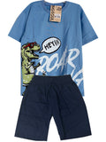 C2540 DINO ROAR CONJUNTO  CAMISETA  OVER SIZE HORTENCIA/ BERMUDA AZUL OSCURO