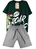 C2540 DINO ROAR CONJUNTO  CAMISETA  OVER SIZE VERDE BOTELLA/ BERMUDA GRIS