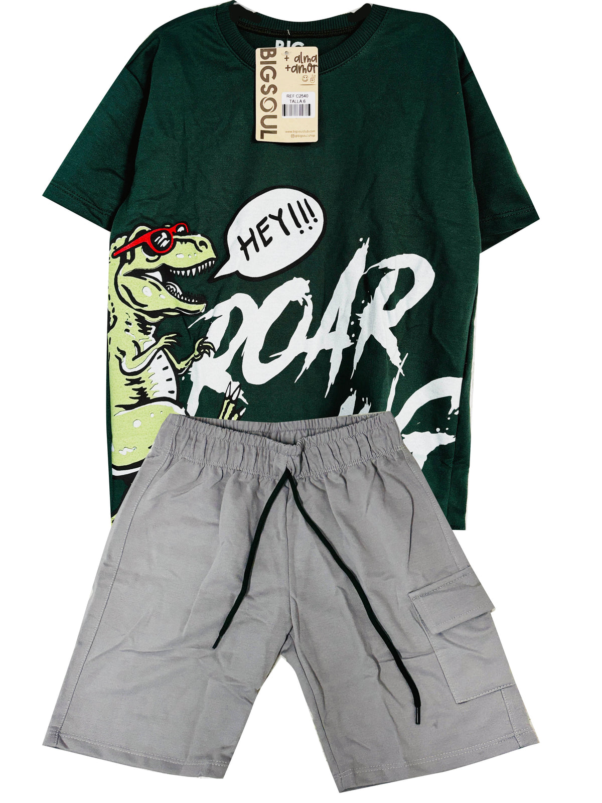 C2540 DINO ROAR CONJUNTO  CAMISETA  OVER SIZE VERDE BOTELLA/ BERMUDA GRIS