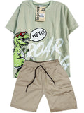 C2540 DINO ROAR CONJUNTO  CAMISETA  OVER SIZE VERDE PASTEL/ BERMUDA KAKY