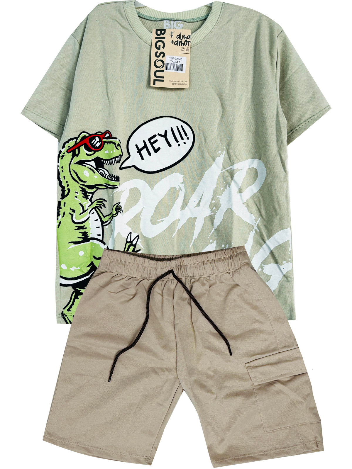 C2540 DINO ROAR CONJUNTO  CAMISETA  OVER SIZE VERDE PASTEL/ BERMUDA KAKY