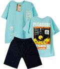 C2543 CONJUNTO  CAMISETA  OVER SIZE AGUAMARINA / BERMUDA NEGRO CORTE SUPERIOR