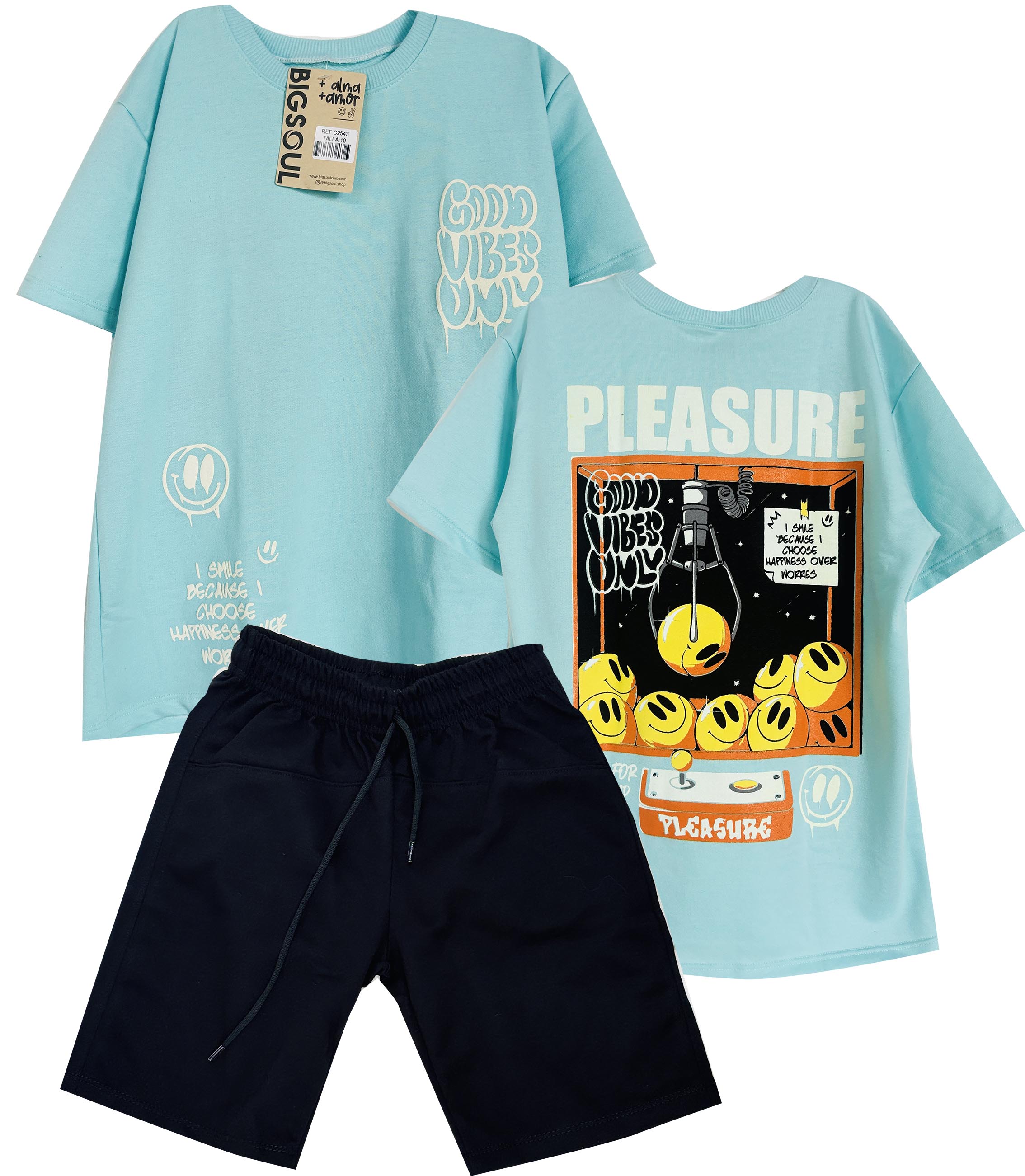C2543 CONJUNTO  CAMISETA  OVER SIZE AGUAMARINA / BERMUDA NEGRO CORTE SUPERIOR
