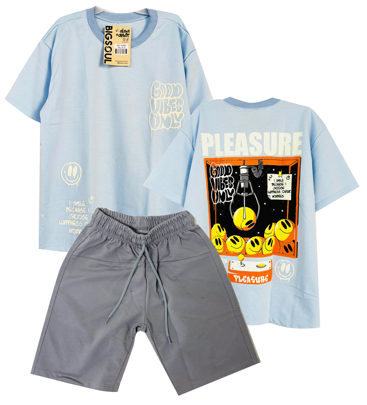 C2543 CONJUNTO  CAMISETA  OVER SIZE AZUL CIELO / BERMUDA GRIS