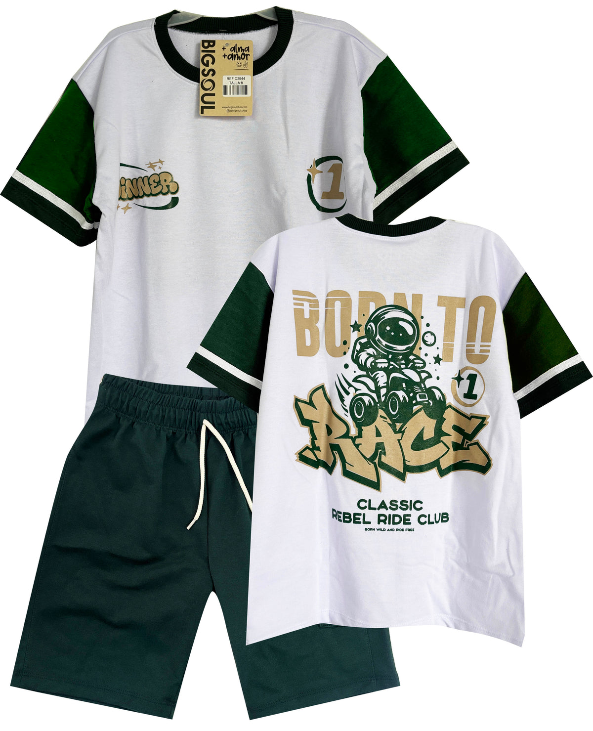 C2544 CONJUNTO  CAMISETA  OVER SIZE BLANCO / BERMUDA VERDE BOTELLA