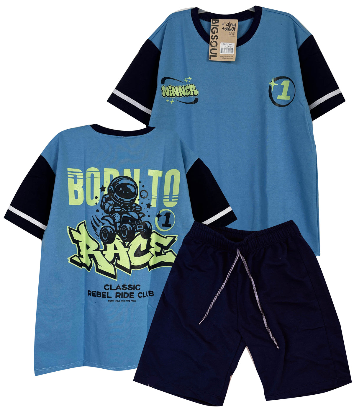 C2544 CONJUNTO  CAMISETA  OVER SIZE VERDE HORTENCIA / BERMUDA AZUL OSCURO