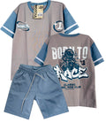C2544 CONJUNTO  CAMISETA  OVER SIZE GRIS / BERMUDA AZUL INDIGO