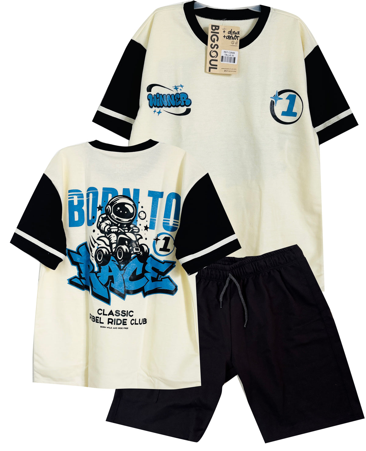 C2544 CONJUNTO  CAMISETA  OVER SIZE MARFIL / BERMUDA NEGRO