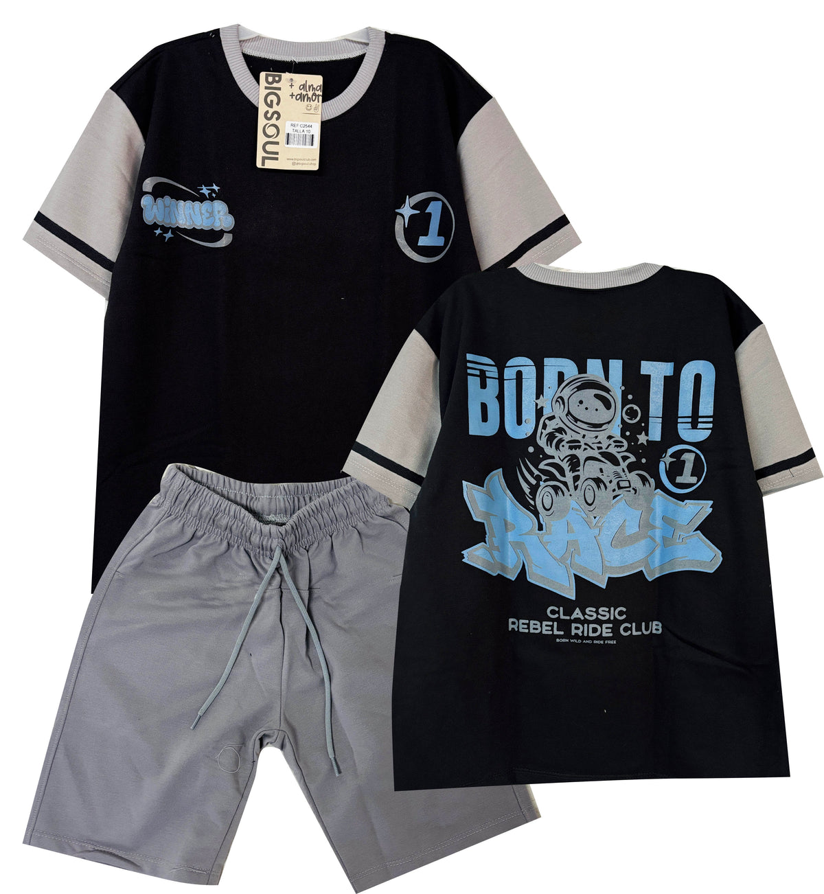 C2544 CONJUNTO  CAMISETA  OVER SIZE NEGRO / BERMUDA GRIS