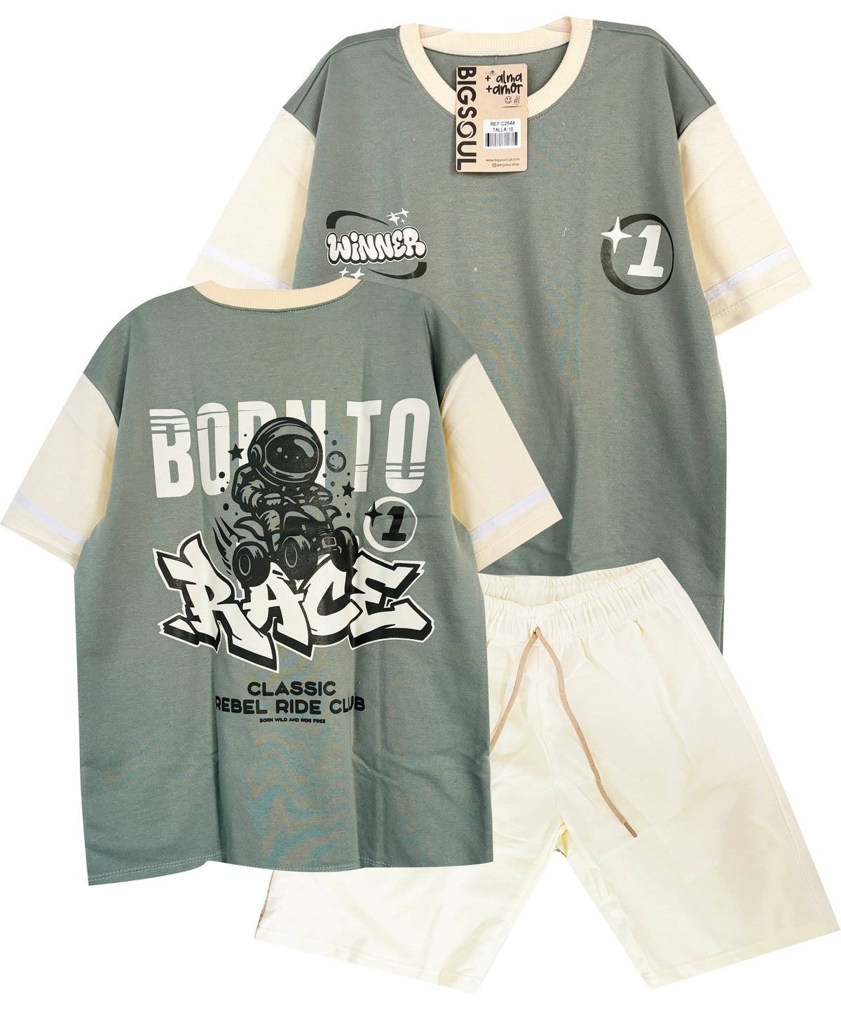 C2544 CONJUNTO  CAMISETA  OVER SIZE VERDE OLIVA / BERMUDA MARFIL