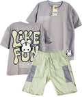 C2644 CONJUNTO   CAMISETA  OVER SIZE  GRIS/ BERMUDA VERDE PASTEL