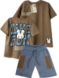 C2644 CONJUNTO   CAMISETA  OVER SIZE  TAUPE/ BERMUDA COLOR AZUL