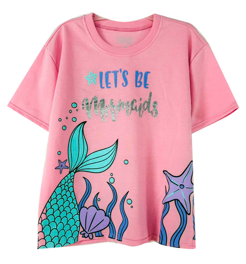 CONJUNTO NINA CAMISETA MERMAID OVERSIZE ROSADO/ JOGGER BURDA NEGRO