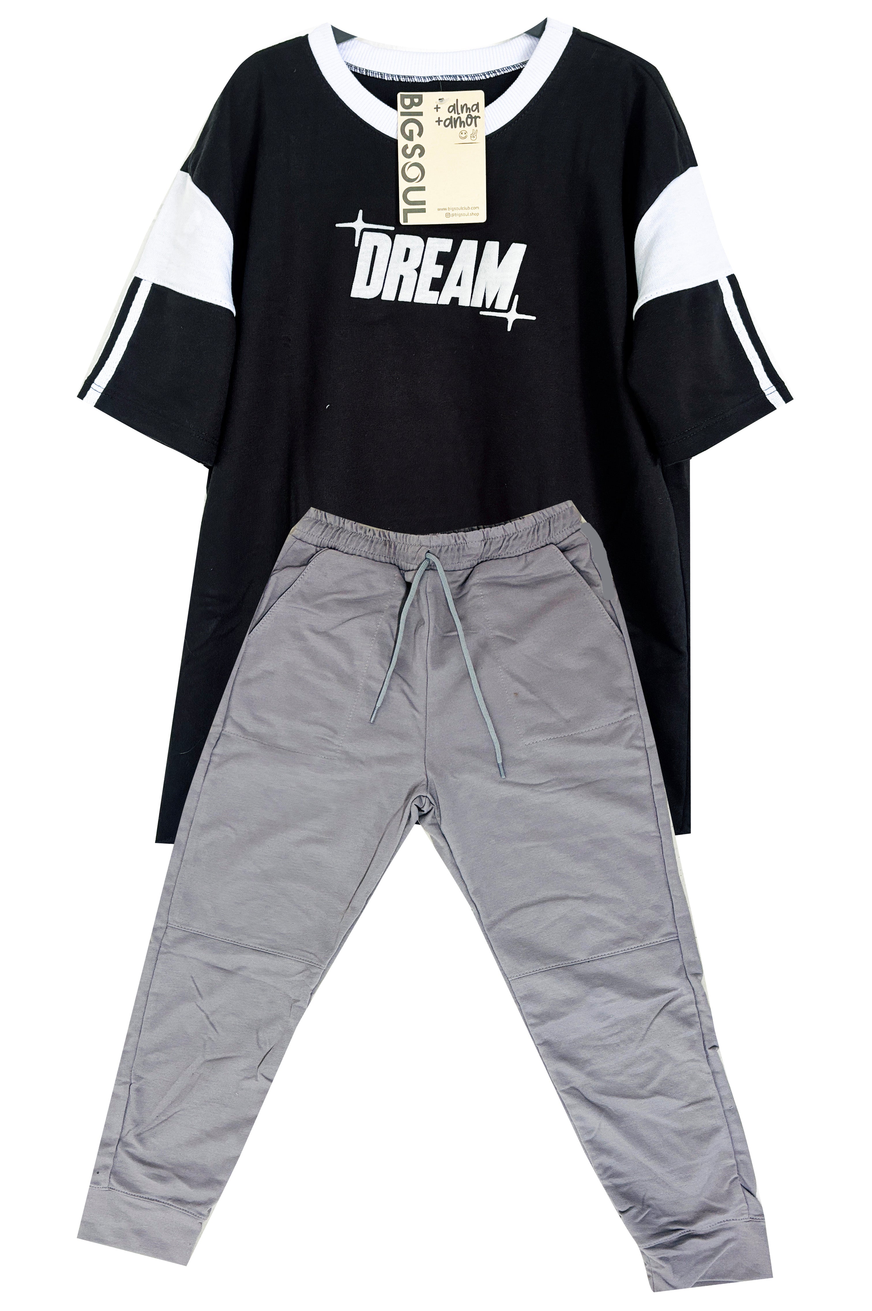 CONJUNTO CAMISETA DREAM  OVER SIZE NEGRO / JOGGER GRIS