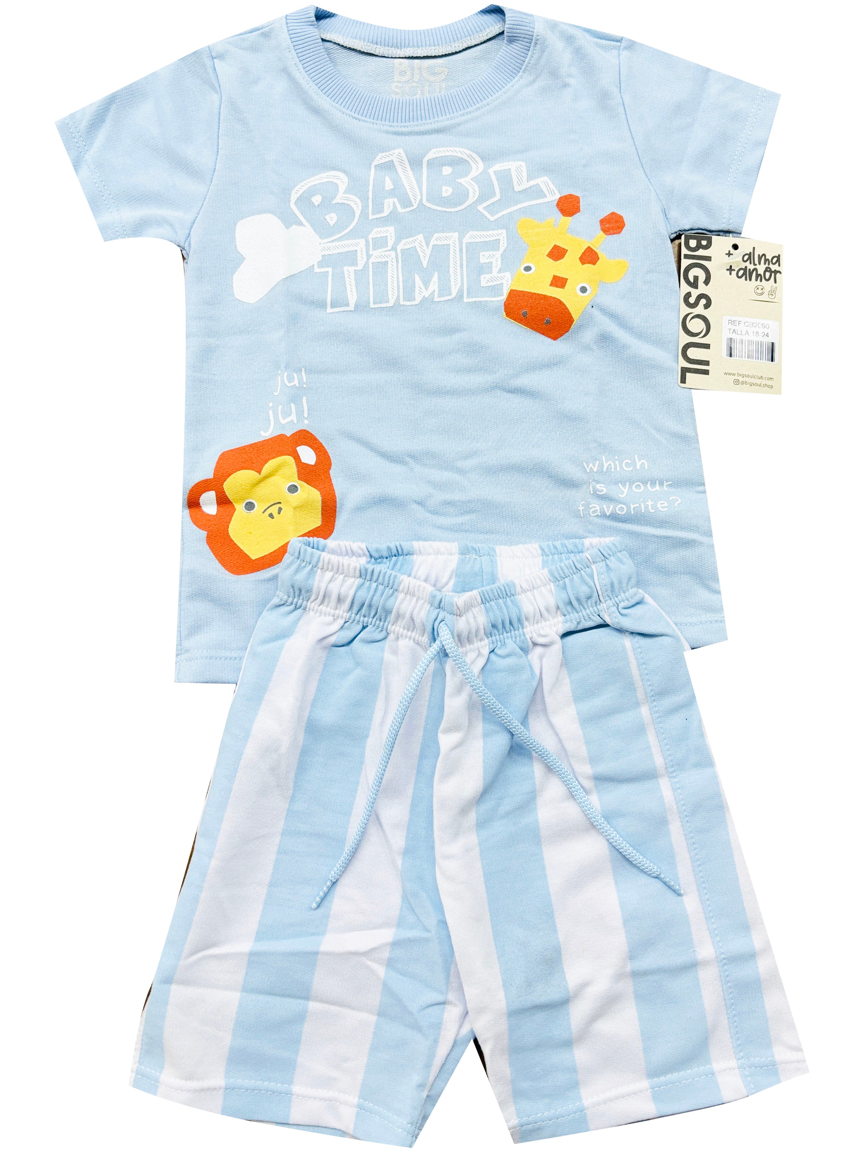 CB2090 CONJUNTO BEBE CAMISETA AZUL CIELO /BERMUDA BURDA LIVIANA ESTAMPADA RAYAS