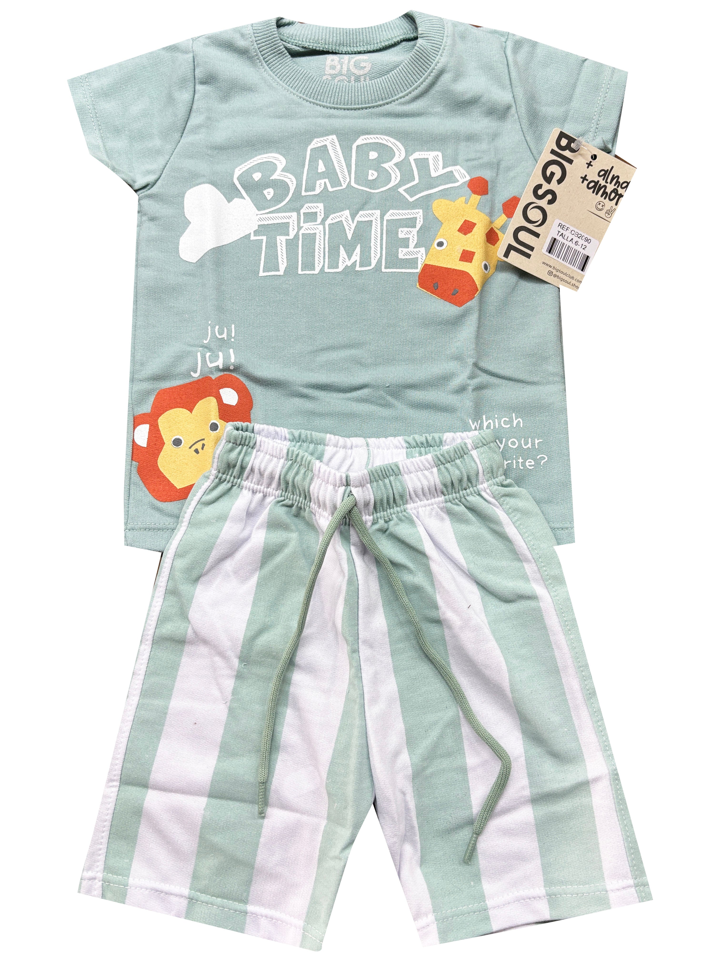 CB2090 CONJUNTO BEBE CAMISETA VERDE SECO /BERMUDA BURDA LIVIANA ESTAMPADA RAYAS (Copia)