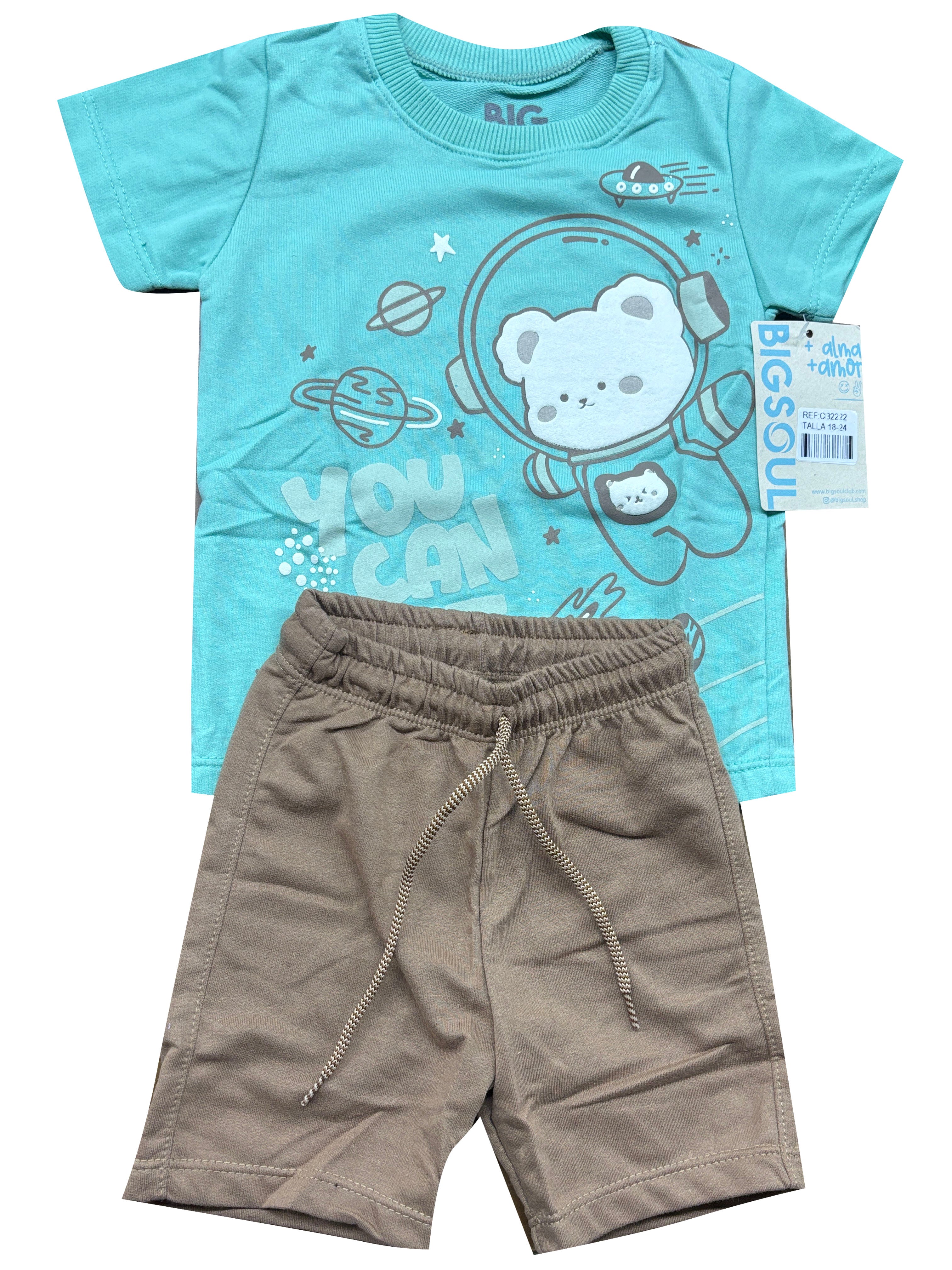 CB2222 CONJUNTO BEBE CAMISETA AGUAMARINA /BERMUDA BURDA LIVIANA COLOR TABACO