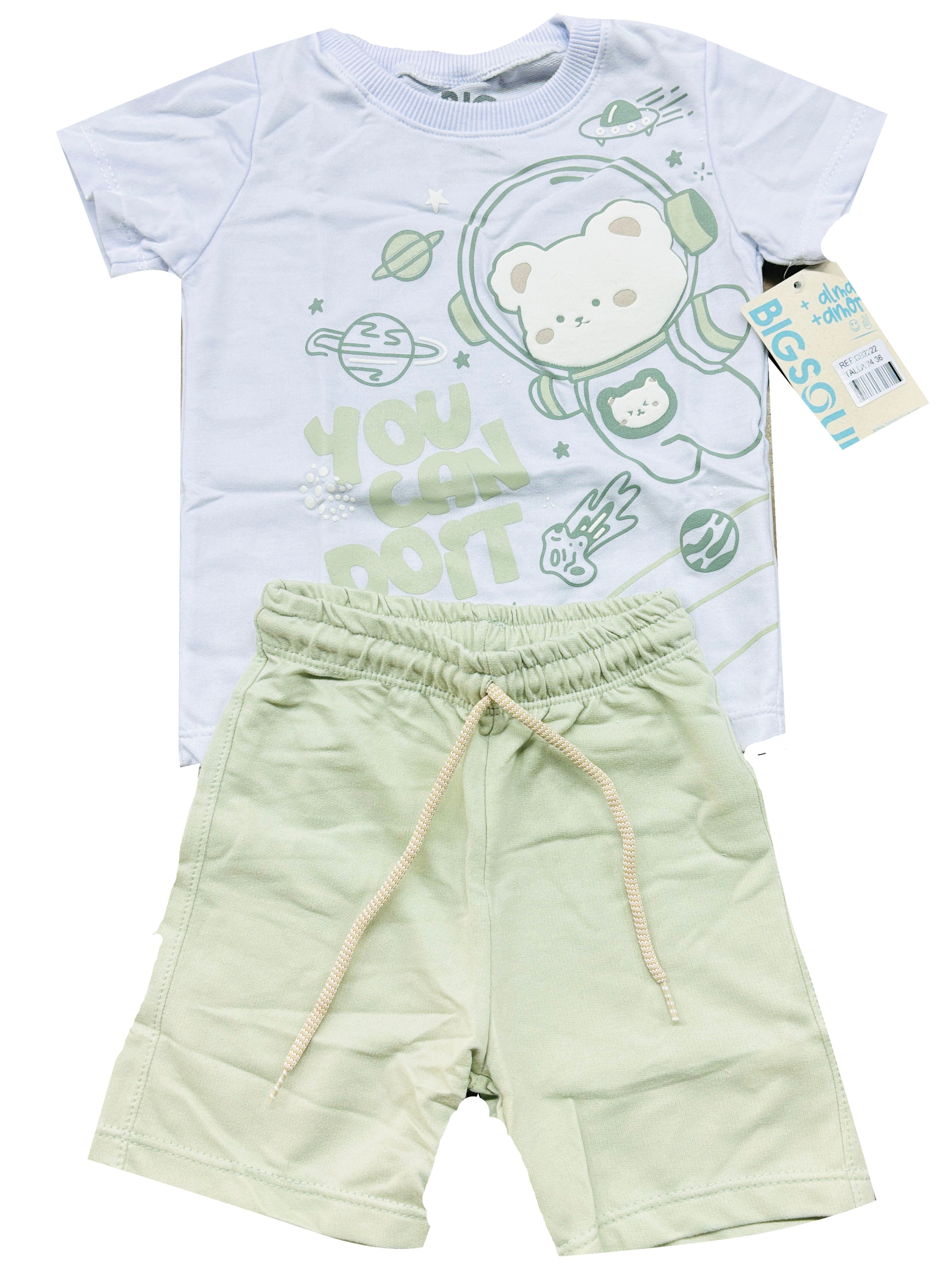 CB2222 CONJUNTO BEBE CAMISETA BLANCO /BERMUDA BURDA LIVIANA COLOR VERDE PASTEL