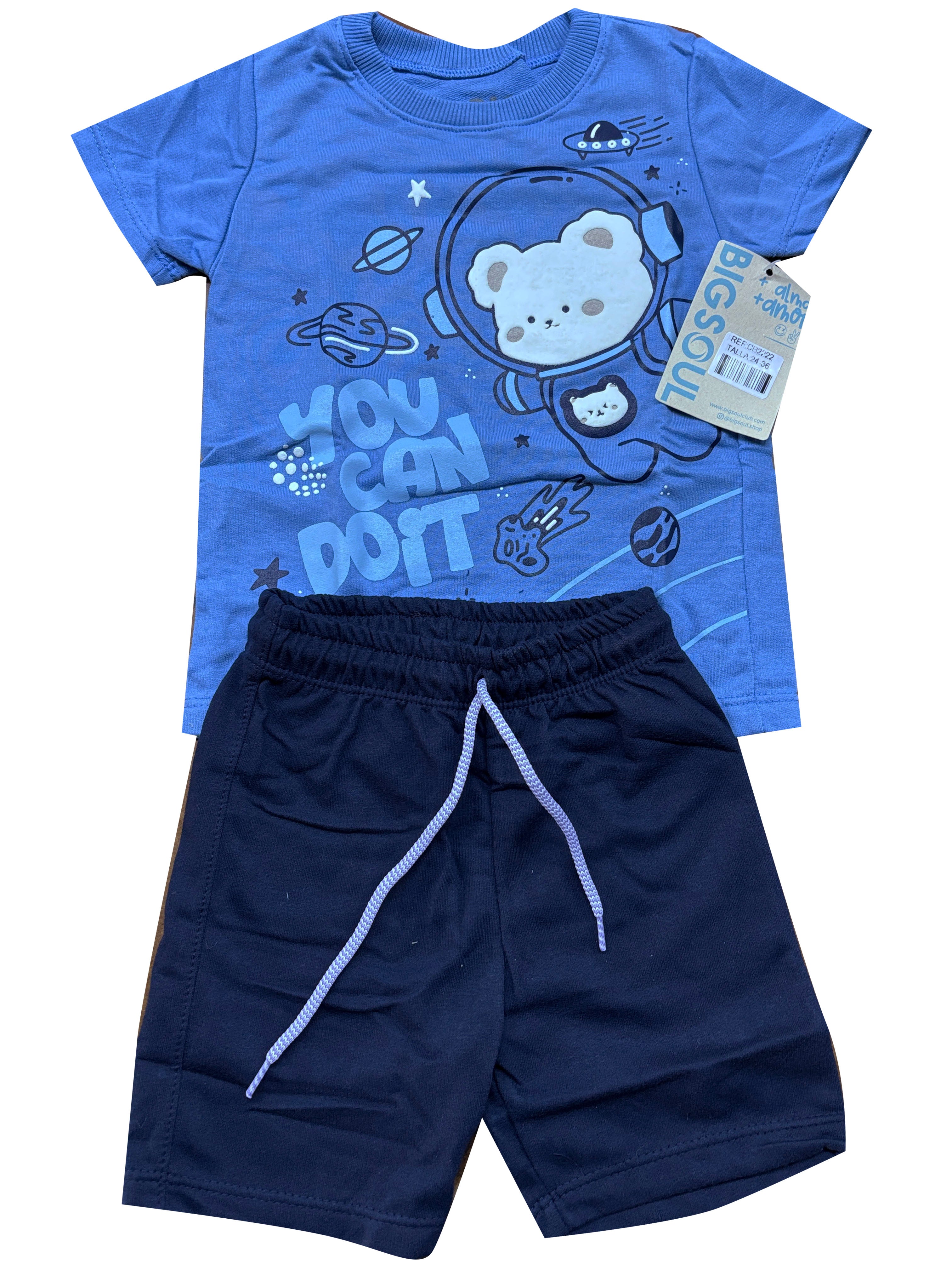 CB2222 CONJUNTO BEBE CAMISETA HORTENCIA  /BERMUDA BURDA LIVIANA AZUL OSCURO