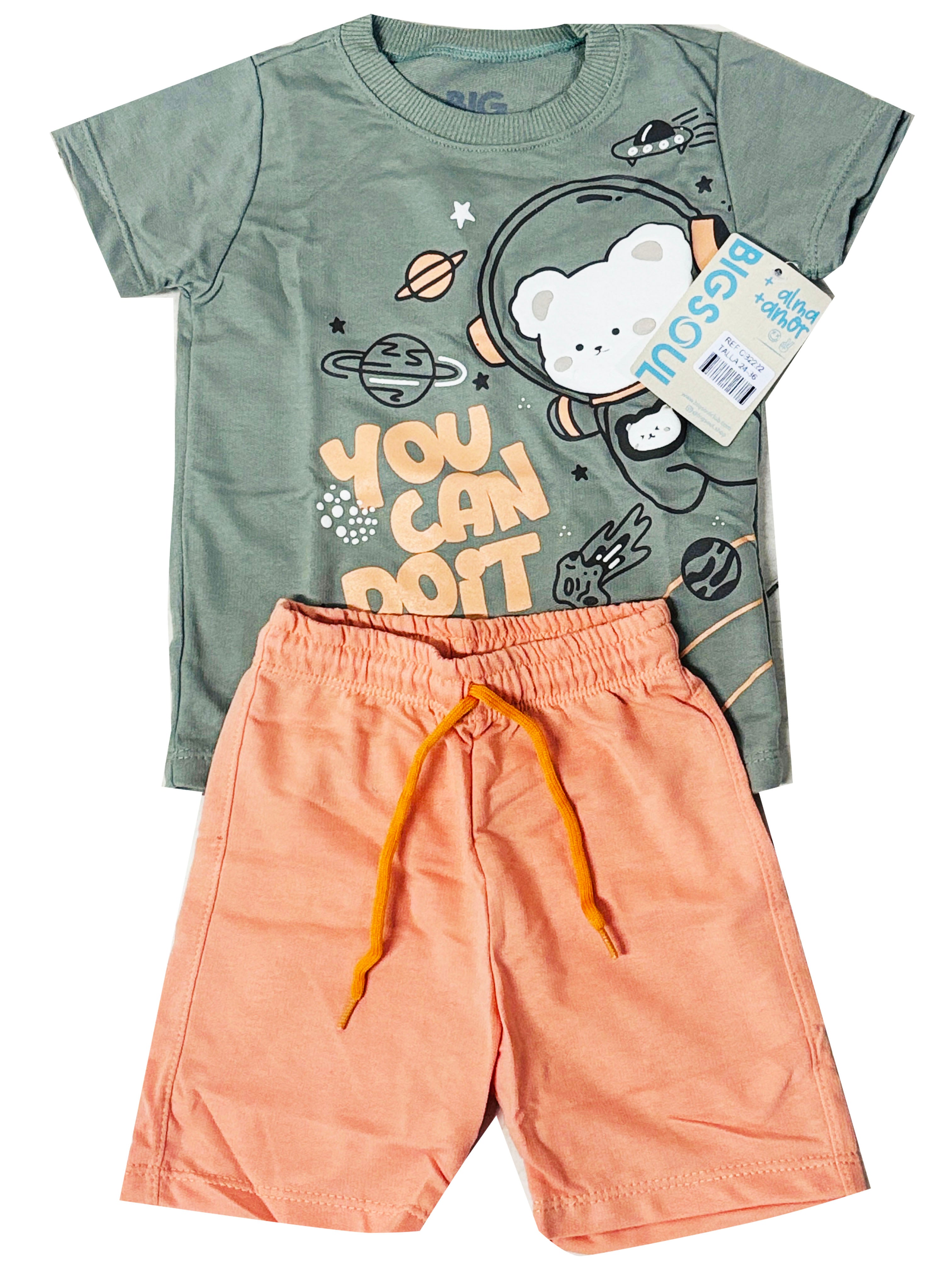 CB2222 CONJUNTO BEBE CAMISETA VERDE OLIVA  /BERMUDA BURDA LIVIANA MELON