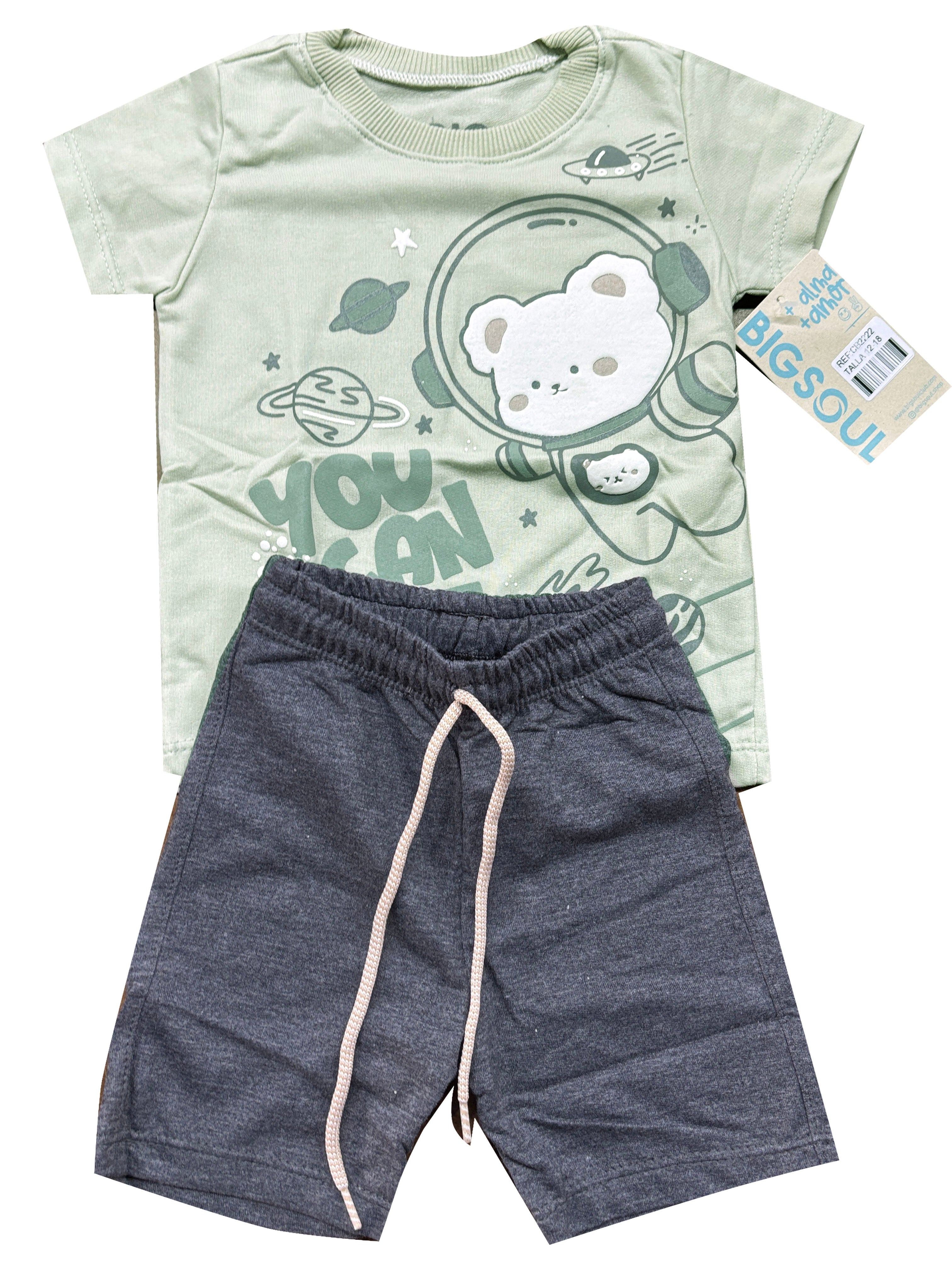 CB2222 CONJUNTO BEBE CAMISETA VERDE PASTEL  /BERMUDA BURDA LIVIANA NEGRO CROS
