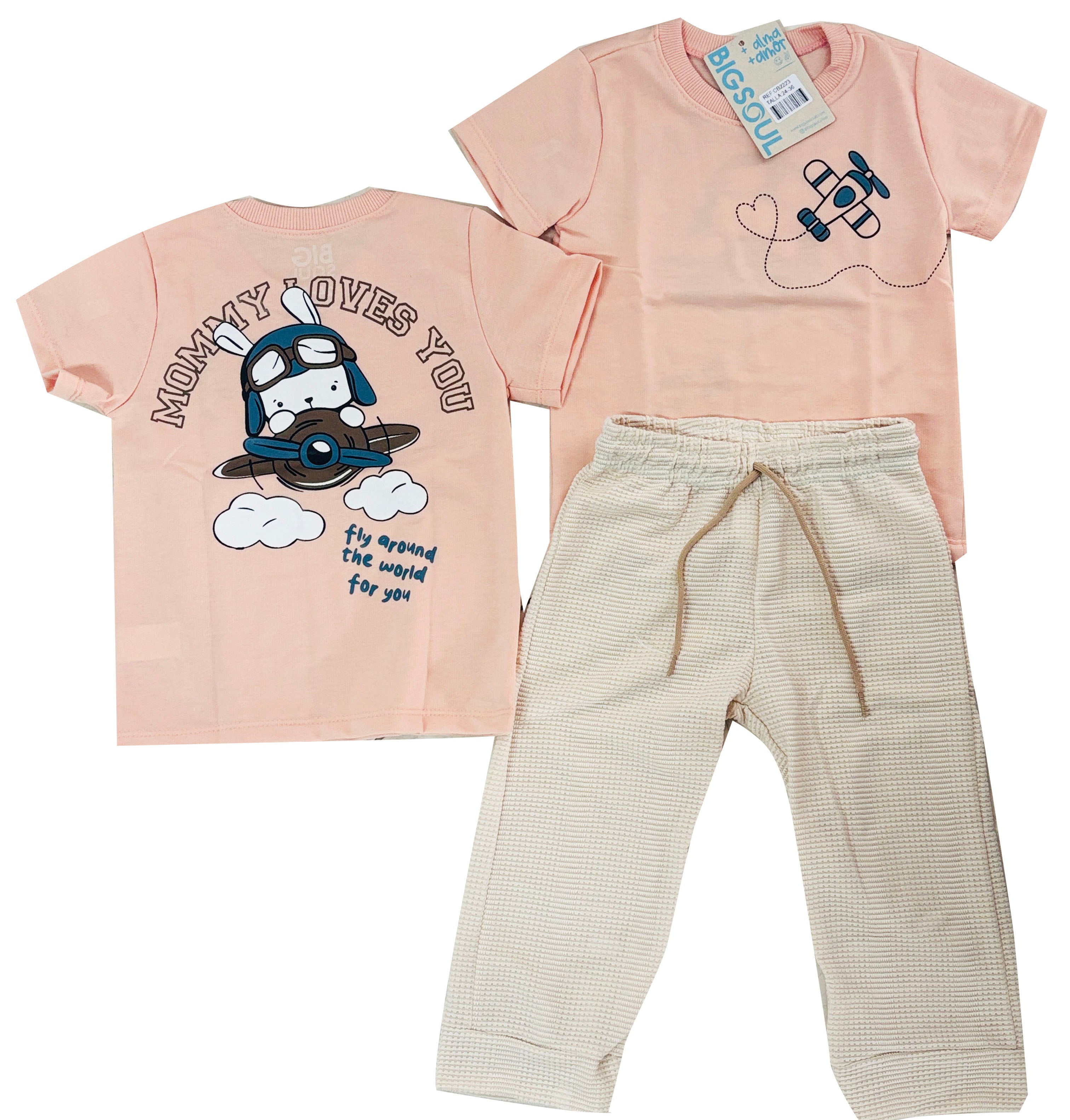 CB2223 CONJUNTO CAMISETA MELON PASTEL  /JOGGER TEXTURA MARFIL