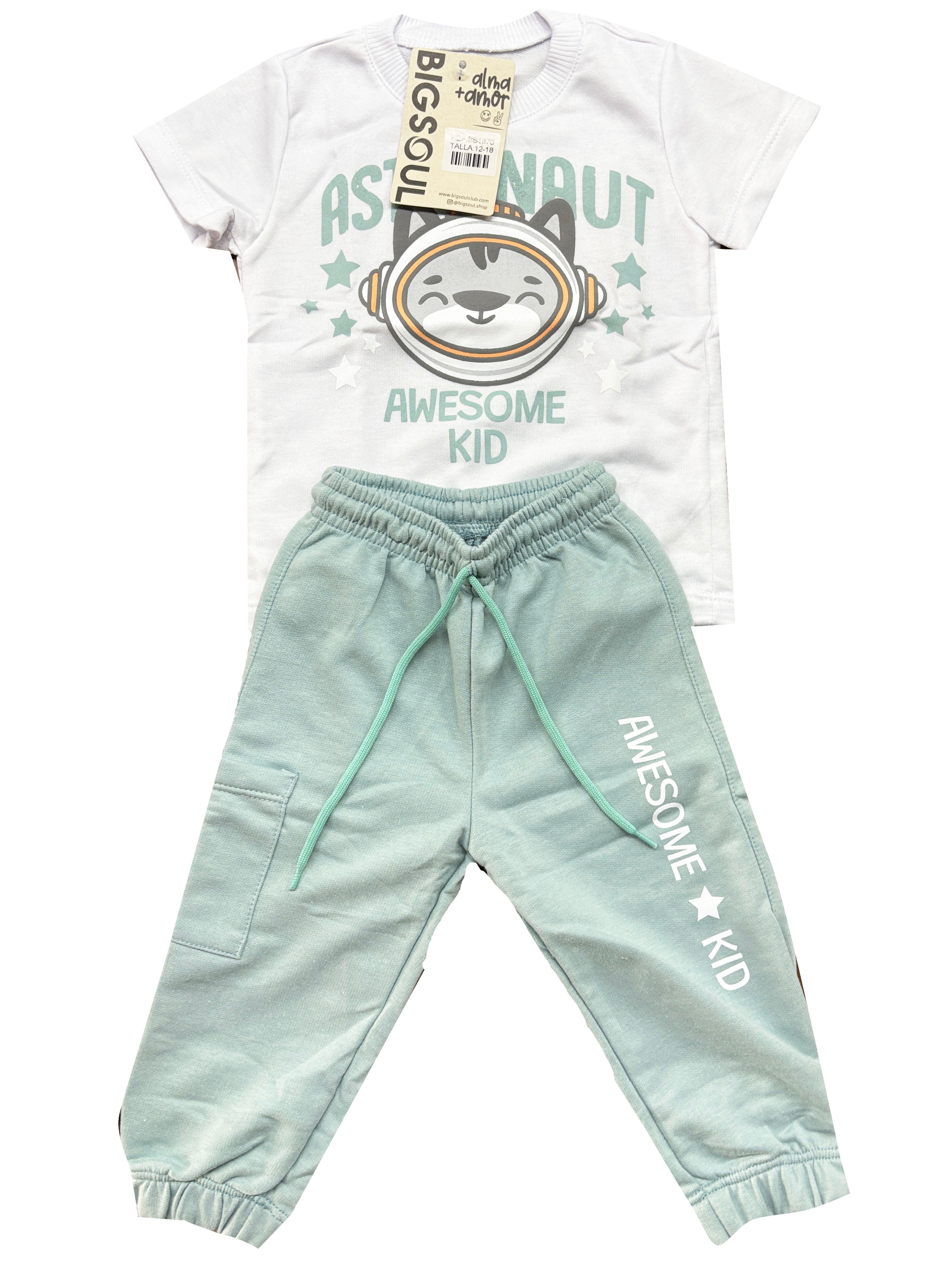 BB1870 CONJUNTO BEBE CAMISETA BLANCO /JOGGER BURDA LIVIANA VERDE SECO