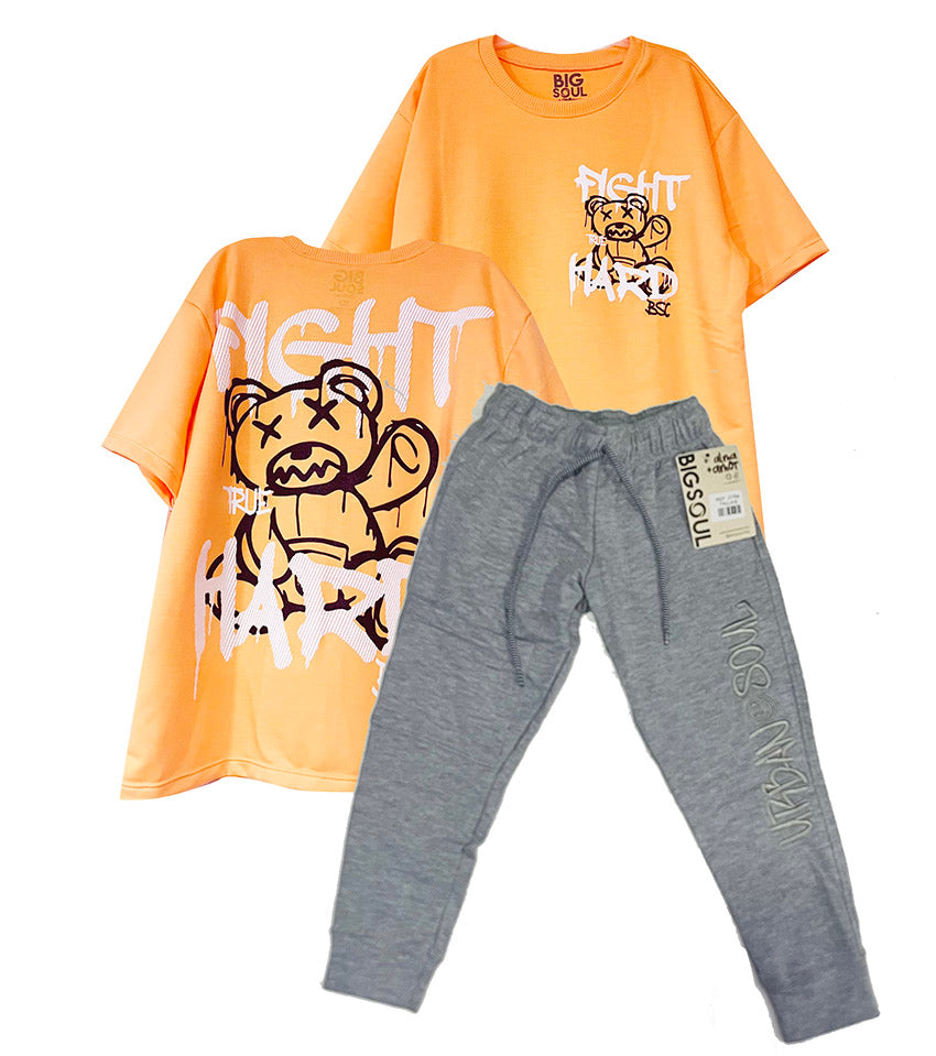 CJ1636 CONJUNTO CAMISETA OVER SIZE NARANJA PASTEL/ JOGGER GRIS JASPE