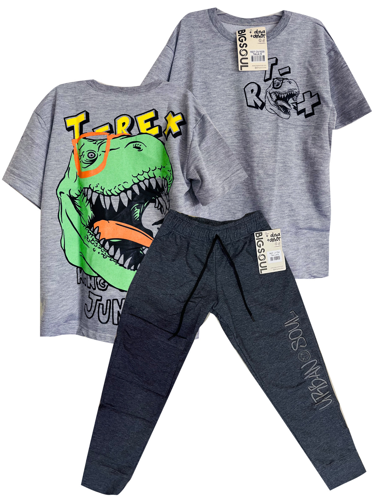 CJ1639  CONJUNTO CAMISETA OVER SIZE GRIS JASPE/ JOGGER NEGRO CROS