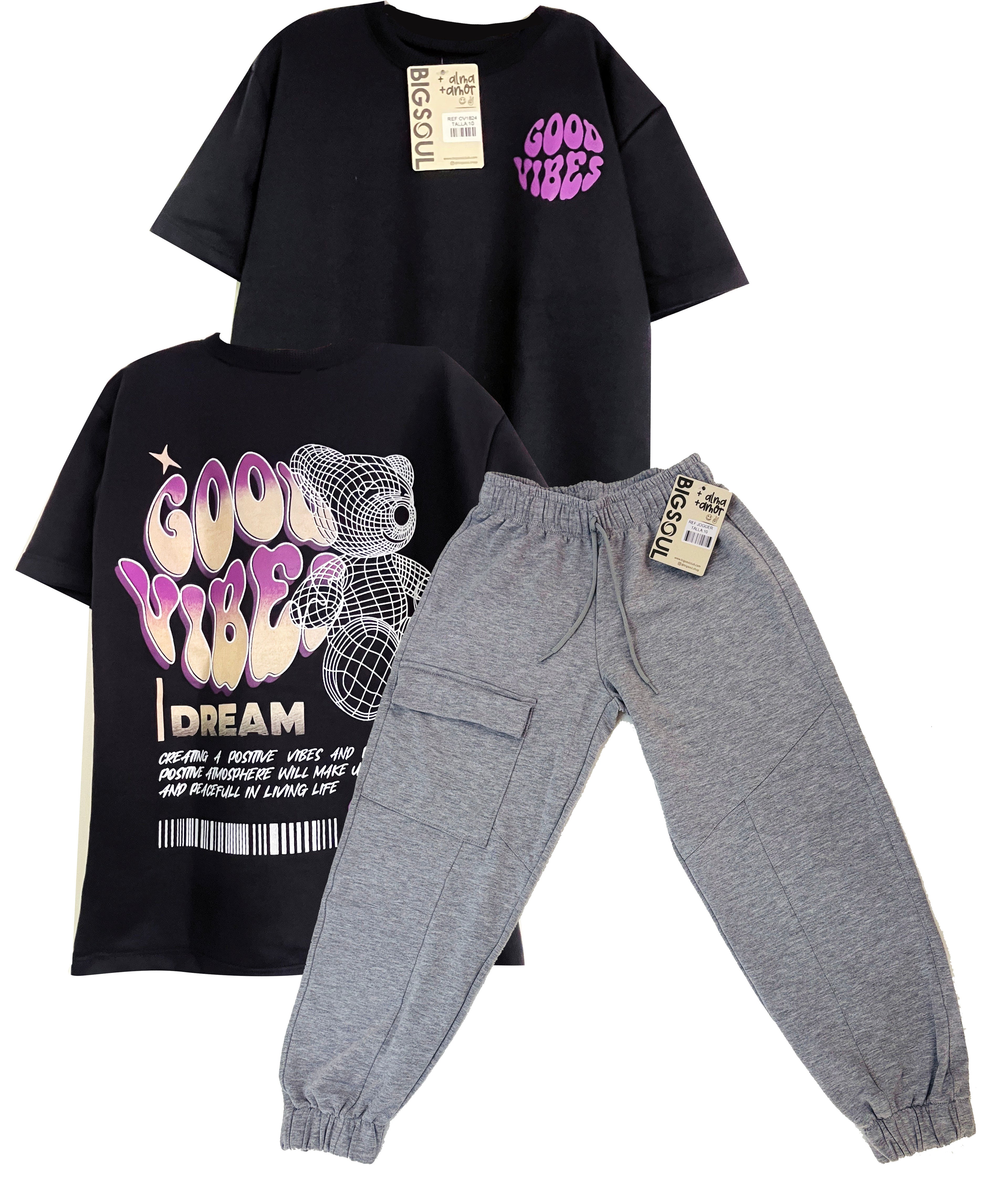CJ1824 CONJUNTO CAMISETA OVER SIZE NEGRO / JOGGER GRIS JASPE