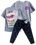 CJ1824 CONJUNTO CAMISETA OVER SIZE GRIS JASPE/ JOGGER NEGRO ESTAMPADO