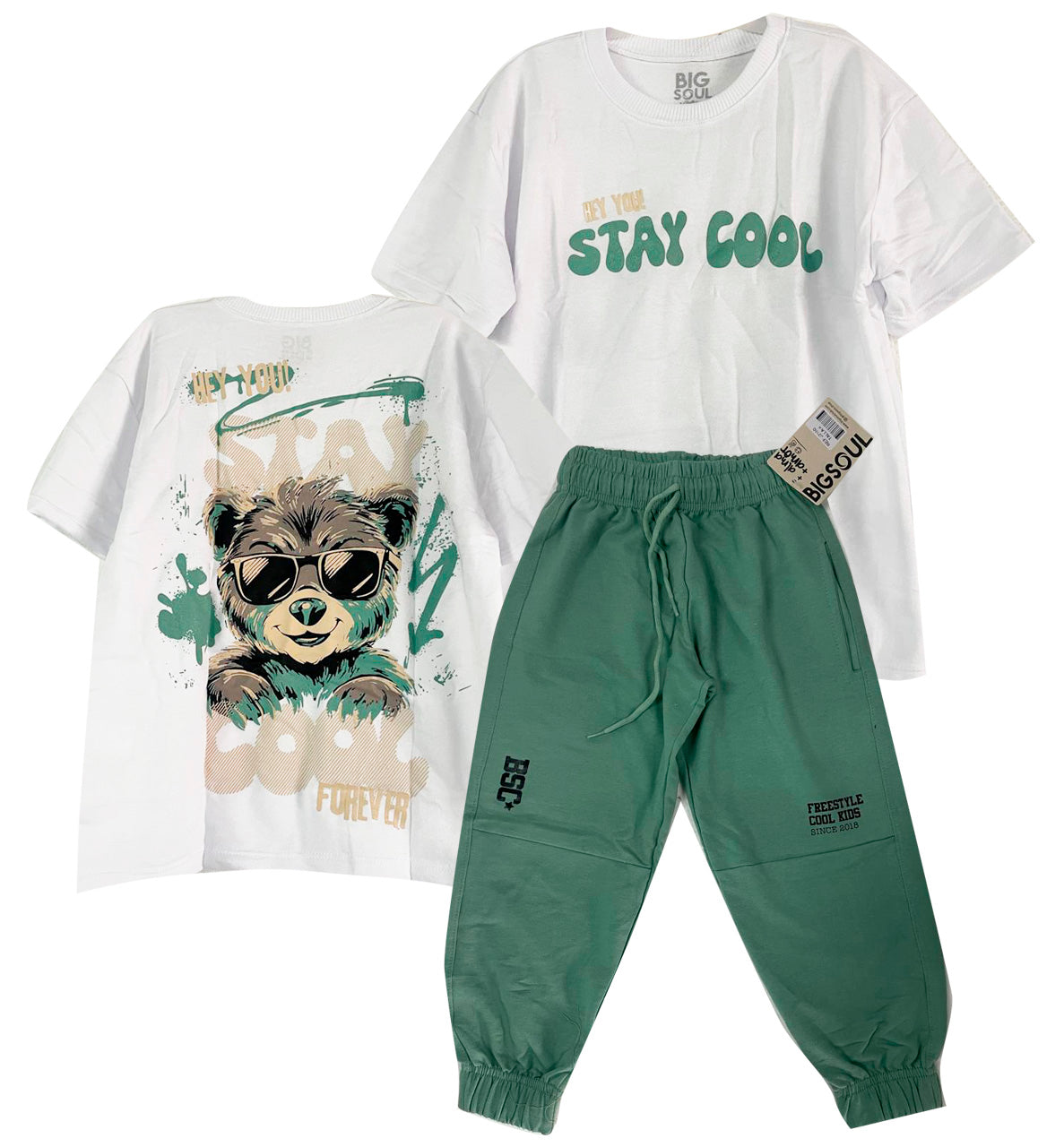 CJ1856 CONJUNTO CAMISETA OVER SIZE BLANCO/ JOGGER  VERDE SECO