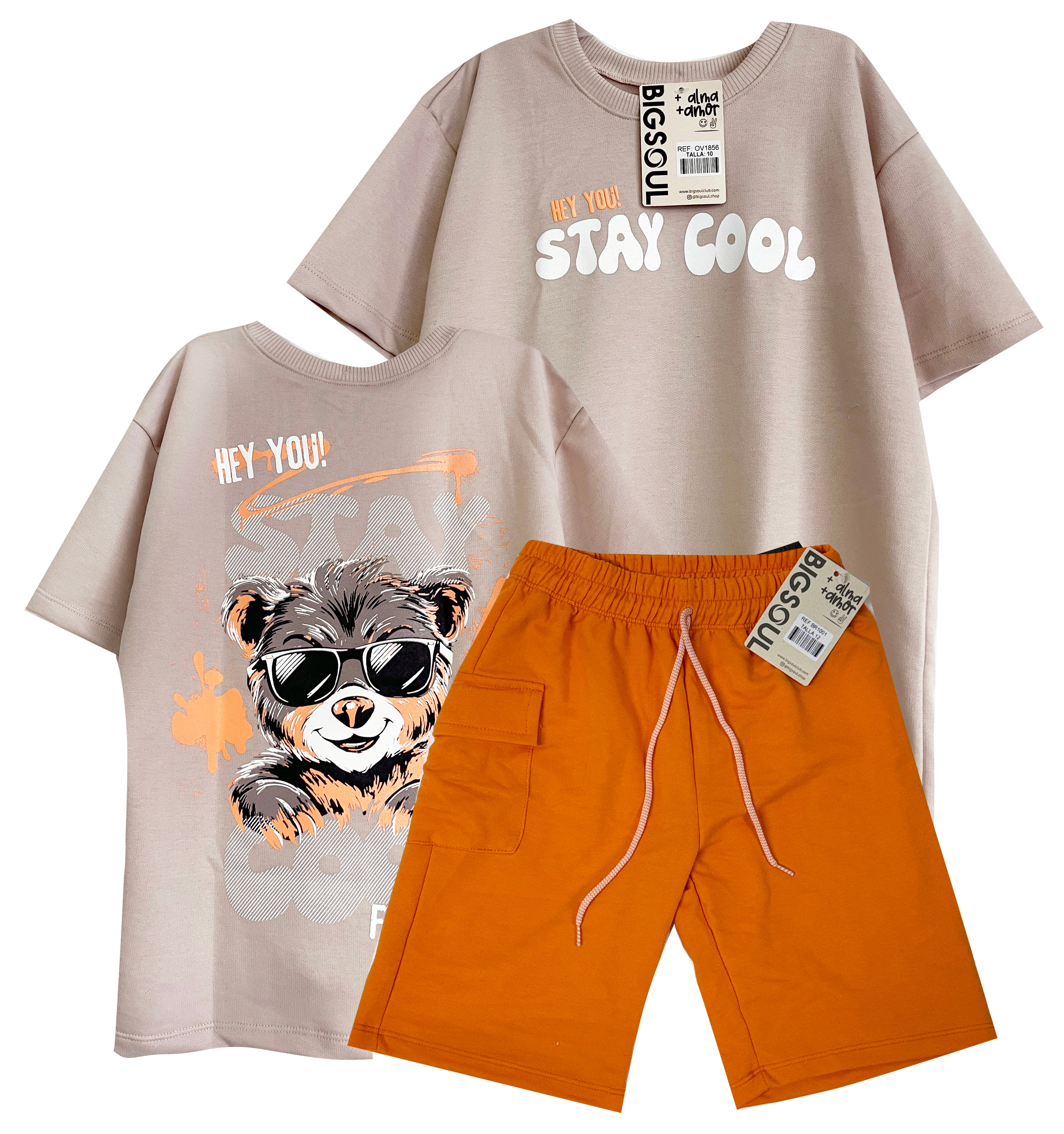C1856 CONJUNTO CAMISETA  OVER SIZE NARANJA KAKY/ BERMUDA NARANJA