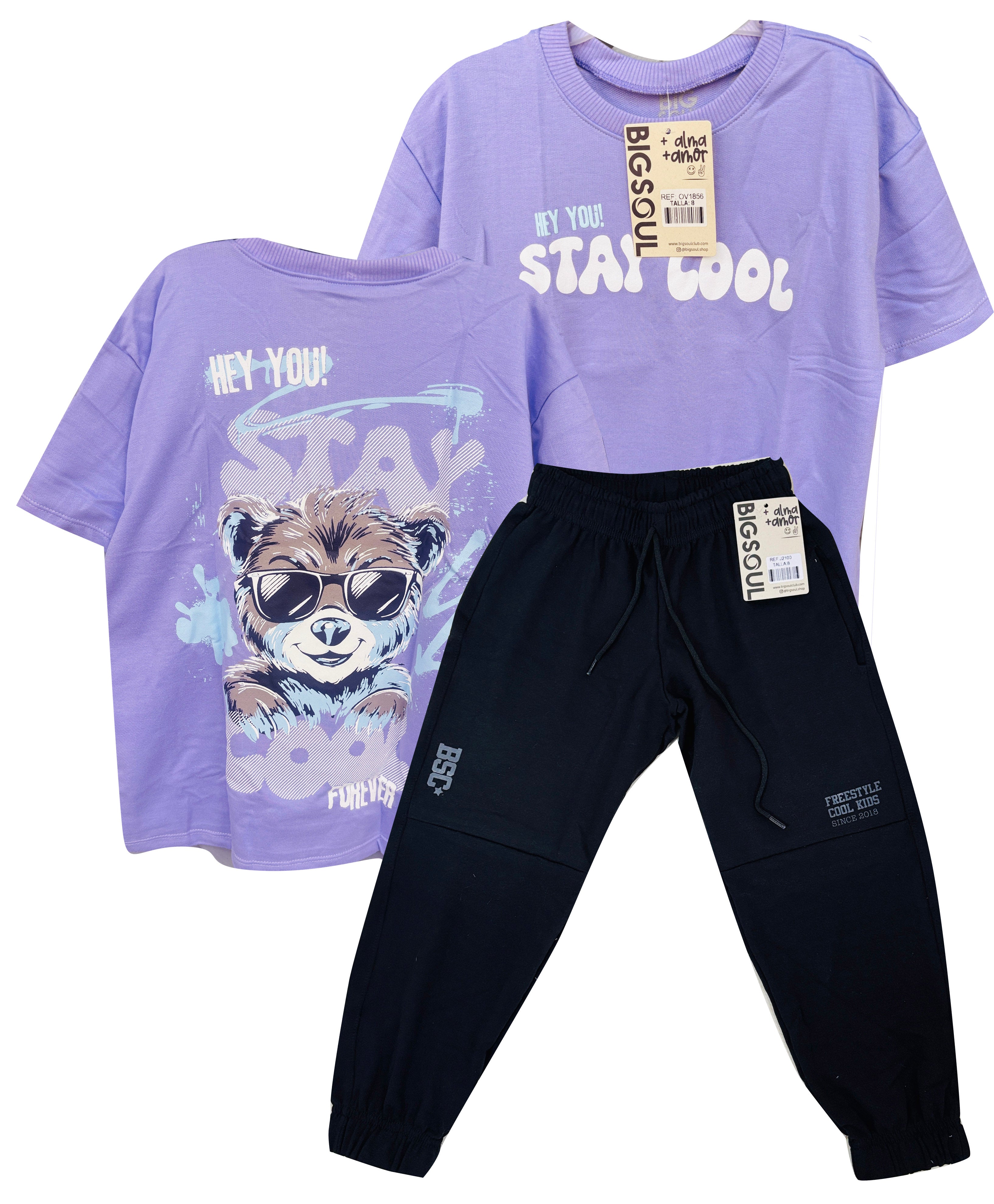 CJ1856  CONJUNTO CAMISETA OVER SIZE LILA/ JOGGER NEGRO