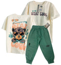 CJ1856  CONJUNTO CAMISETA OVER SIZE MARFIL/ JOGGER VERDE OLIVA