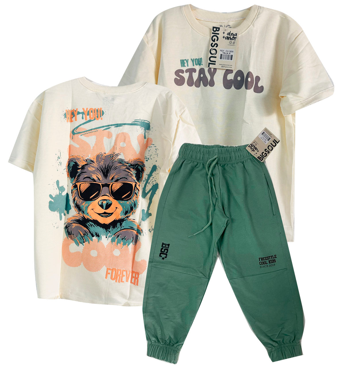 CJ1856  CONJUNTO CAMISETA OVER SIZE MARFIL/ JOGGER VERDE OLIVA