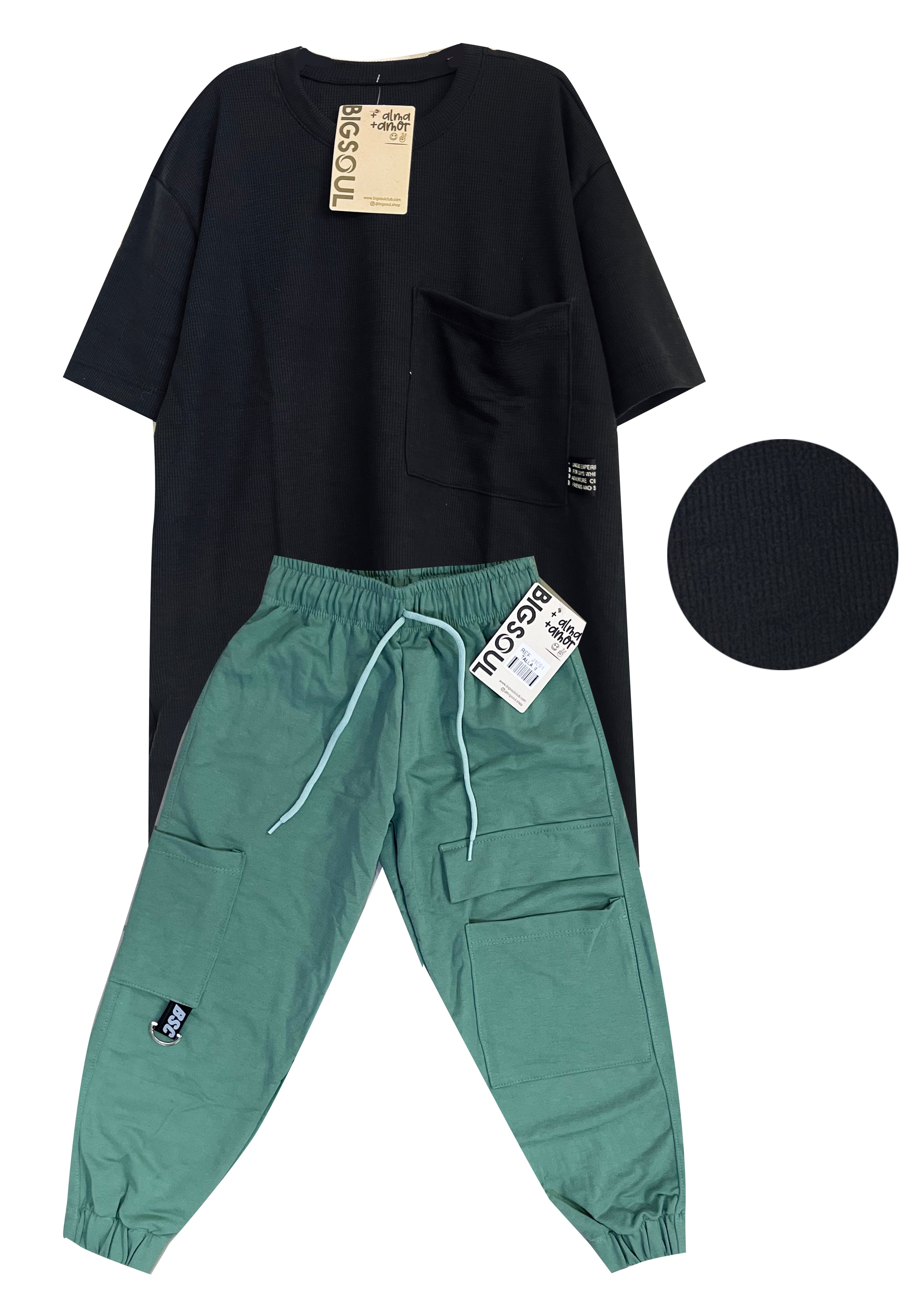 CJ1865 CONJUNTO CAMISETA OVER SIZE NEGRO GALLETA/ JOGGER VERRDE MILITAR