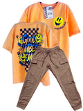 CJ1905 CONJUNTO CAMISETA OVER SIZE NARANJA  PASTEL/ JOGGER TABACO