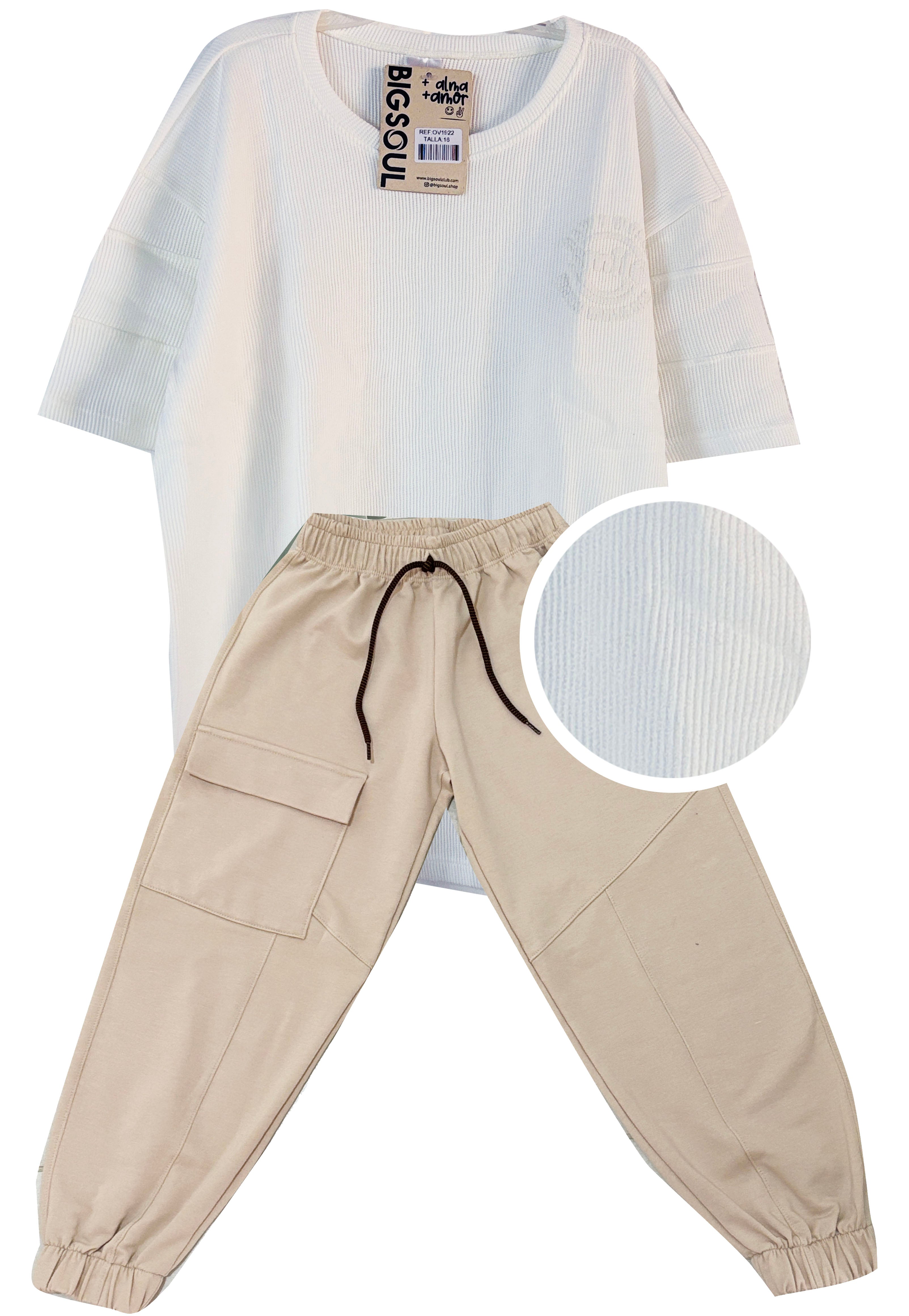 CJ1922 CONJUNTO CAMISETA  OVER SIZE BLANCO TEXTURA / JOGGER KAKY